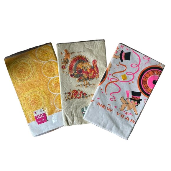 NIP Vtg Paper Tablecloths Lot 3 NY Eve Baby Thanksgiving Batick Print 54 x 88 - Picture 1 of 5